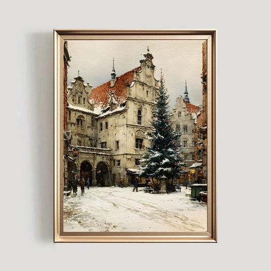 Cozy Winter Wall Art, European Christmas Market Print